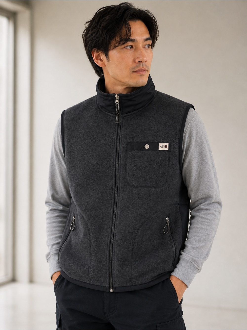 The North Face Men's Dark Charcoal Fleece Vest with Zip Pockets